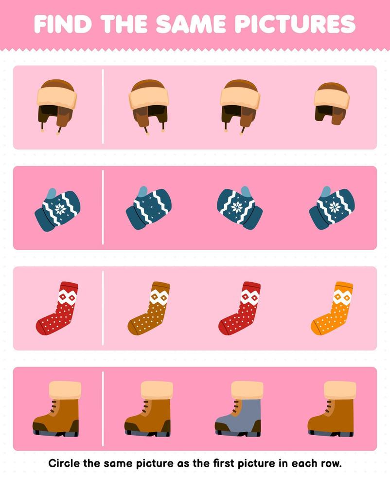 Education game for children find the same picture in each row of cute cartoon hat mitten sock boot printable winter worksheet vector