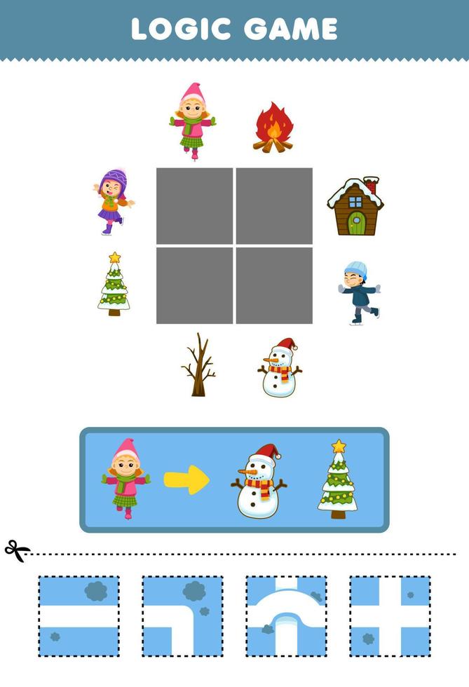 Education game for children logic puzzle build the road for girl move to snowman christmas tree printable winter worksheet vector