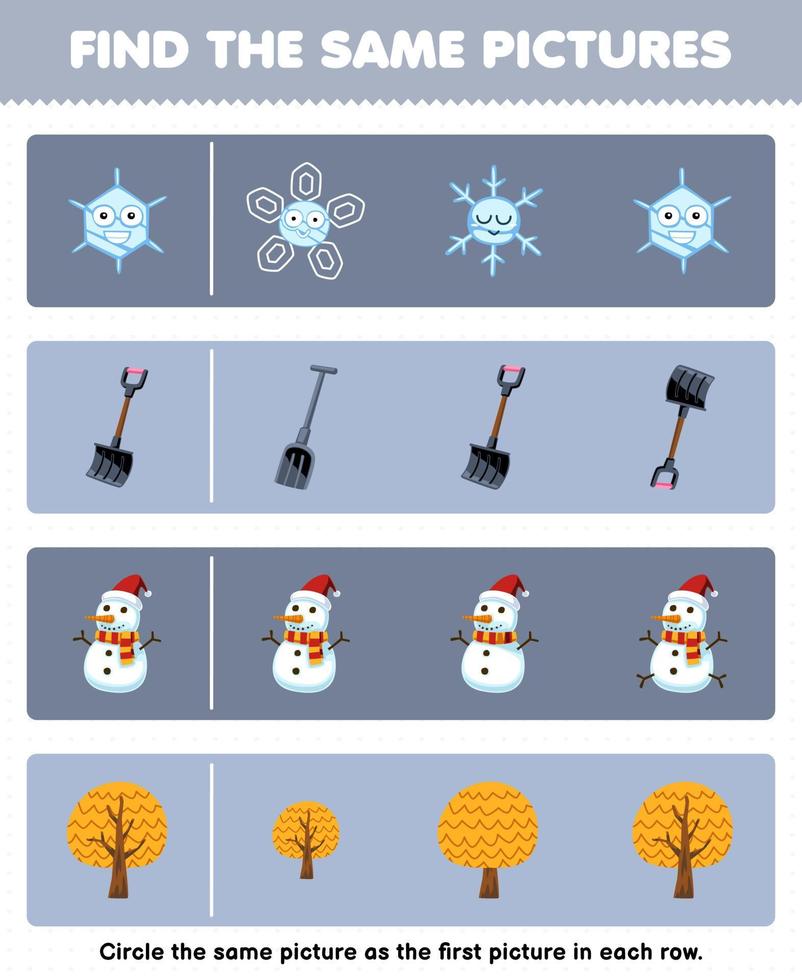 Education game for children find the same picture in each row of cute cartoon snowflake shovel snowman tree printable winter worksheet vector