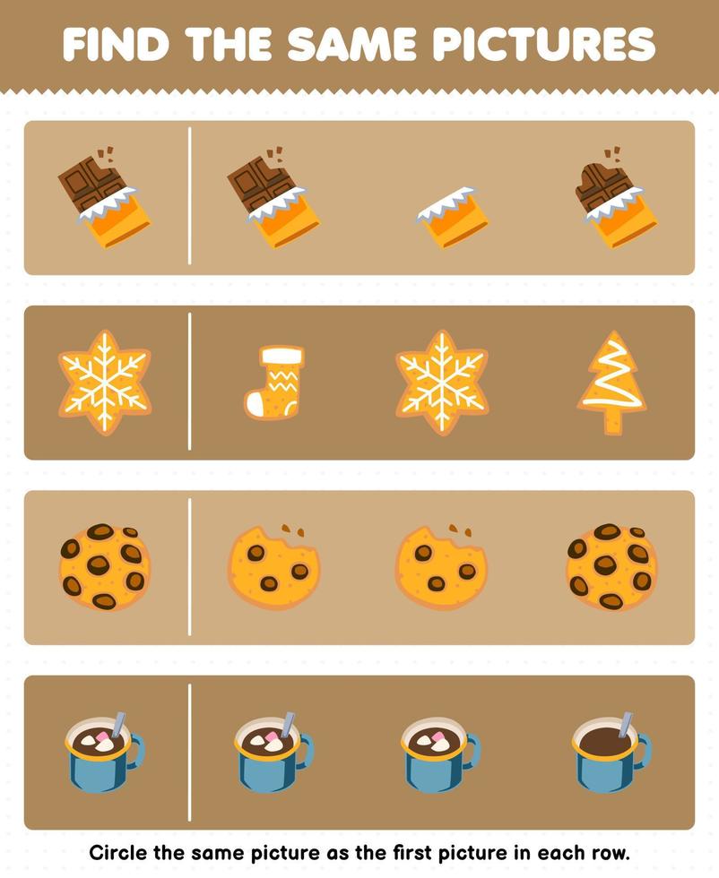 juego educativo para niños encuentra la misma imagen en cada fila de la hoja de trabajo de invierno imprimible de galleta de chocolate de dibujos animados lindo vector