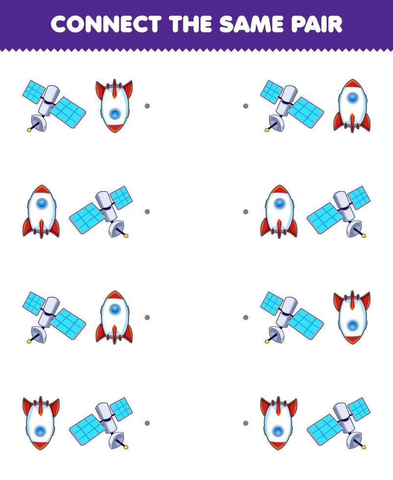 juego educativo para niños conecta la misma imagen de un lindo satélite de dibujos animados y un par de cohetes hoja de trabajo imprimible del sistema solar vector