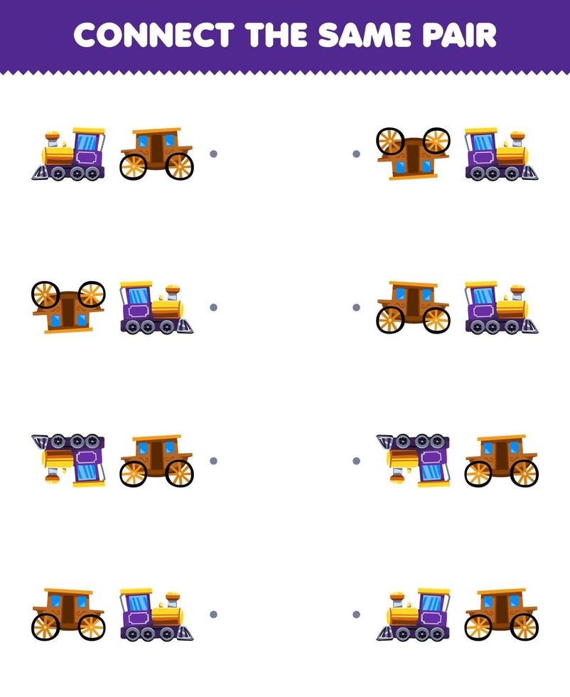 Education game for children connect the same picture of cute cartoon locomotive and carriage pair printable transportation worksheet vector