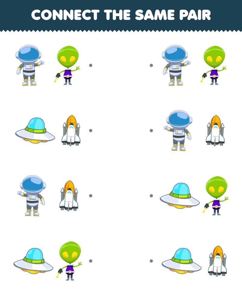 Education game for children connect the same picture of cute cartoon astronaut spaceship alien and ufo pair printable solar system worksheet vector