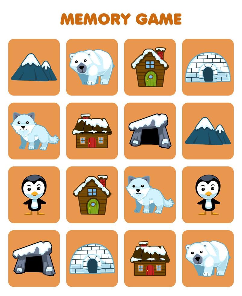 Education game for children memory to find similar pictures of cute cartoon mountain polar bear house arctic fox den penguin printable winter worksheet vector