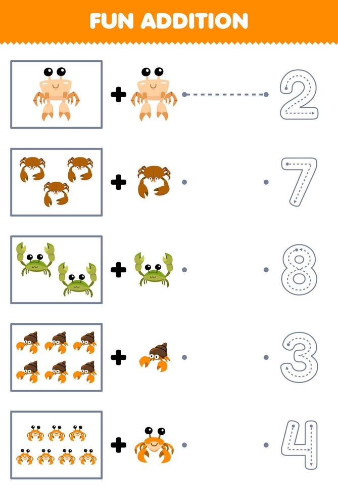 Education game for children fun counting and add one more cartoon crab then choose the correct number underwater worksheet vector