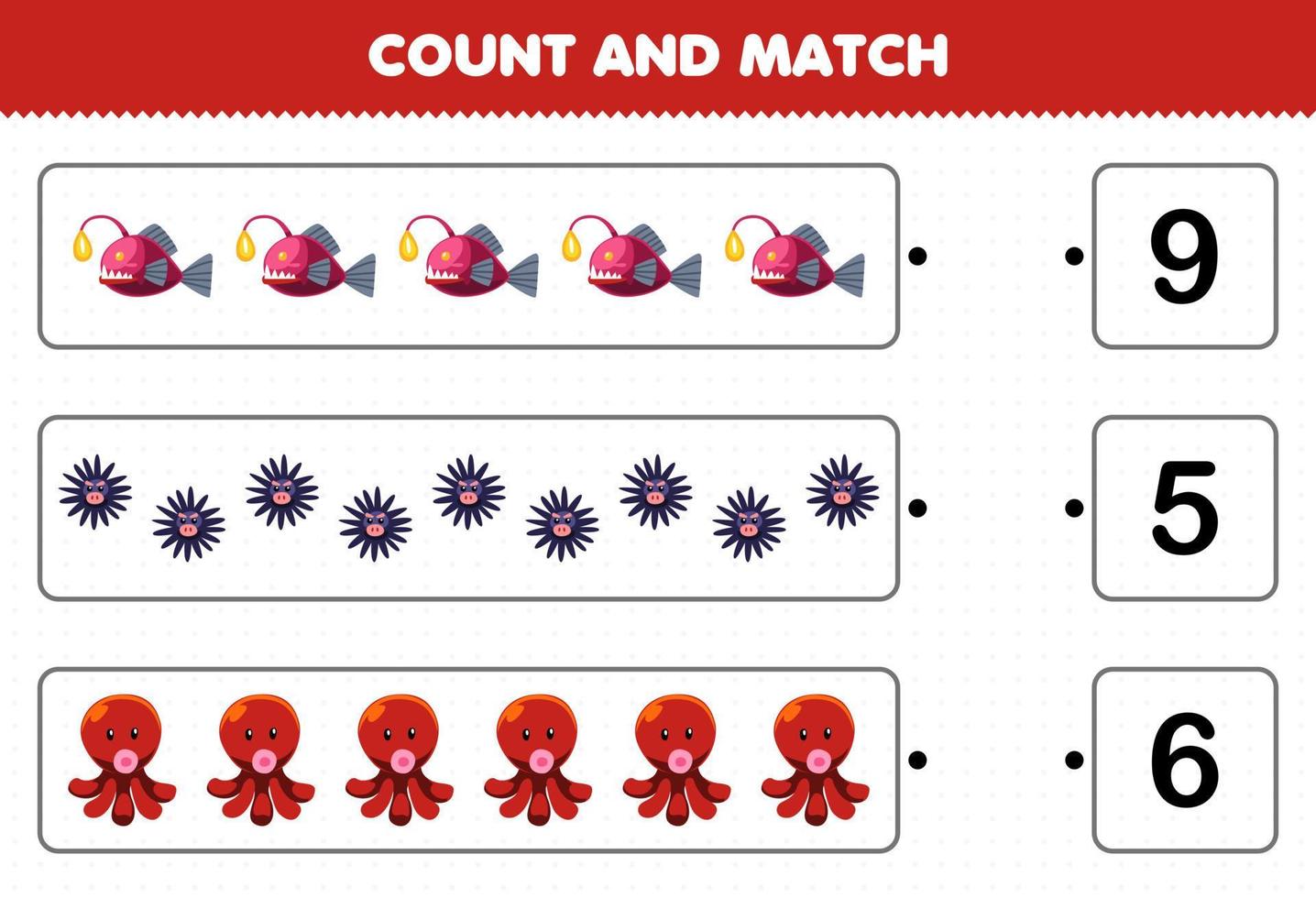 Education game for children count the number of cute cartoon fish urchin octopus and match with the right numbers printable underwater worksheet vector