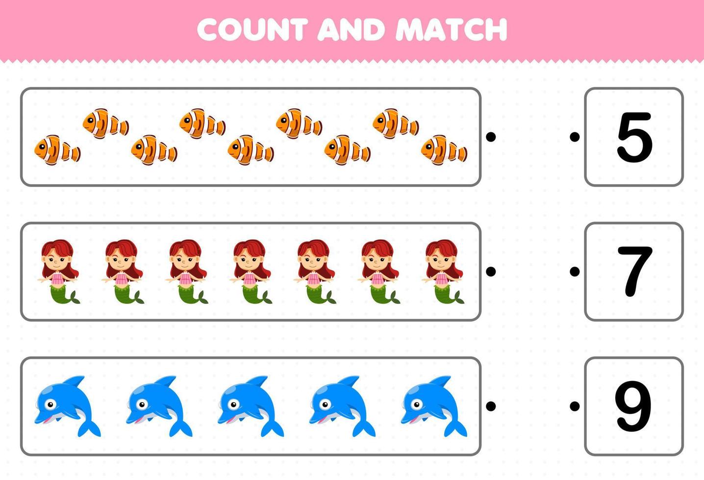 Education game for children count the number of cute cartoon fish mermaid dolphin and match with the right numbers printable underwater worksheet vector