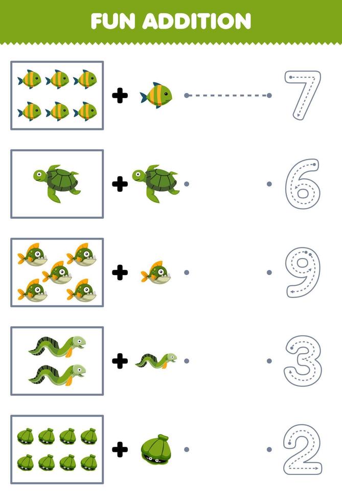 Education game for children fun counting and add one more cartoon fish turtle piranha eel shell then choose the correct number underwater worksheet vector