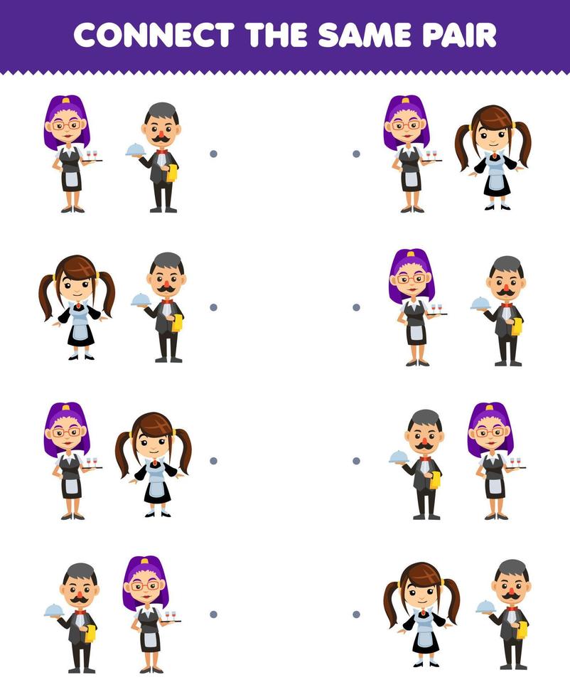 Education game for children connect the same picture of cute cartoon waitress waiter and maid pair printable profession worksheet vector