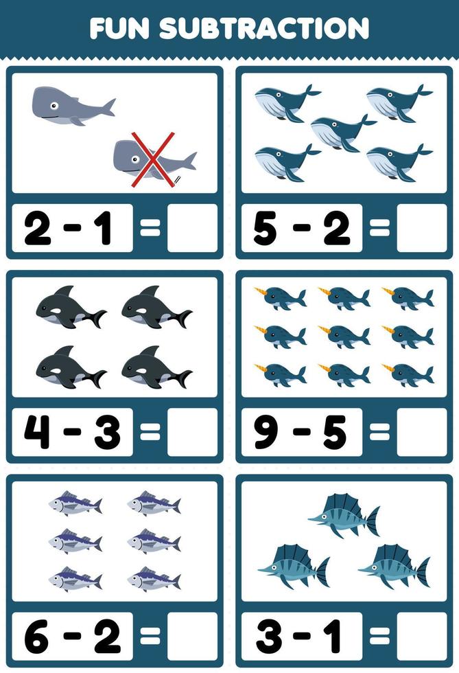 Education game for children fun subtraction by counting and eliminating cute cartoon whale orca narwhal fish printable underwater worksheet vector