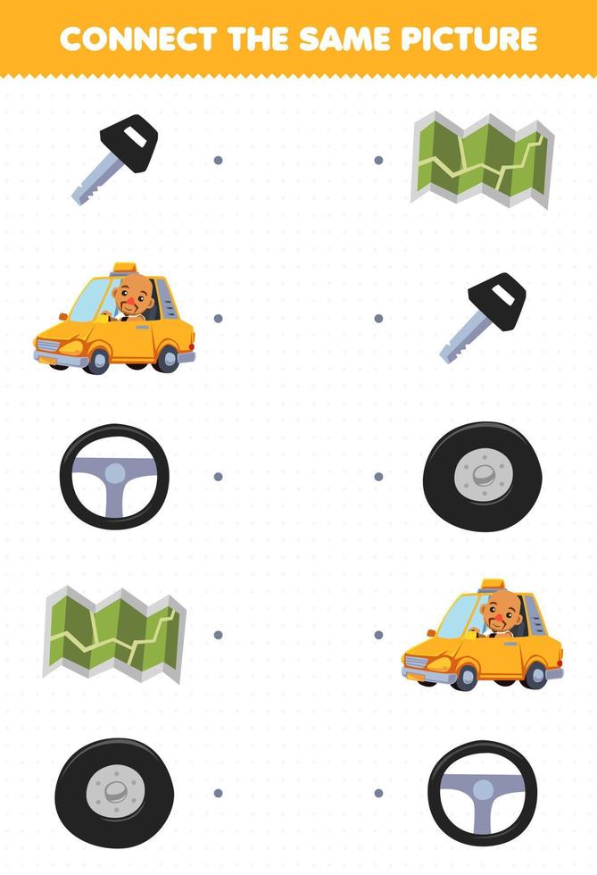 Education game for children connect the same picture of cute cartoon driver set printable profession worksheet vector