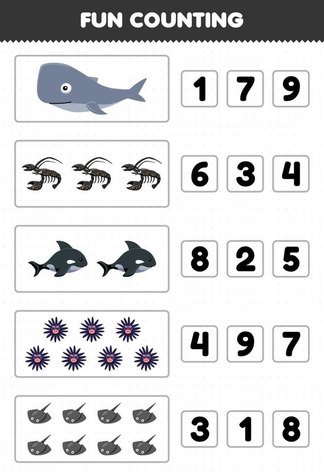Education game for children fun counting and choosing the correct number of cute cartoon whale lobster orca urchin stingray printable underwater worksheet vector