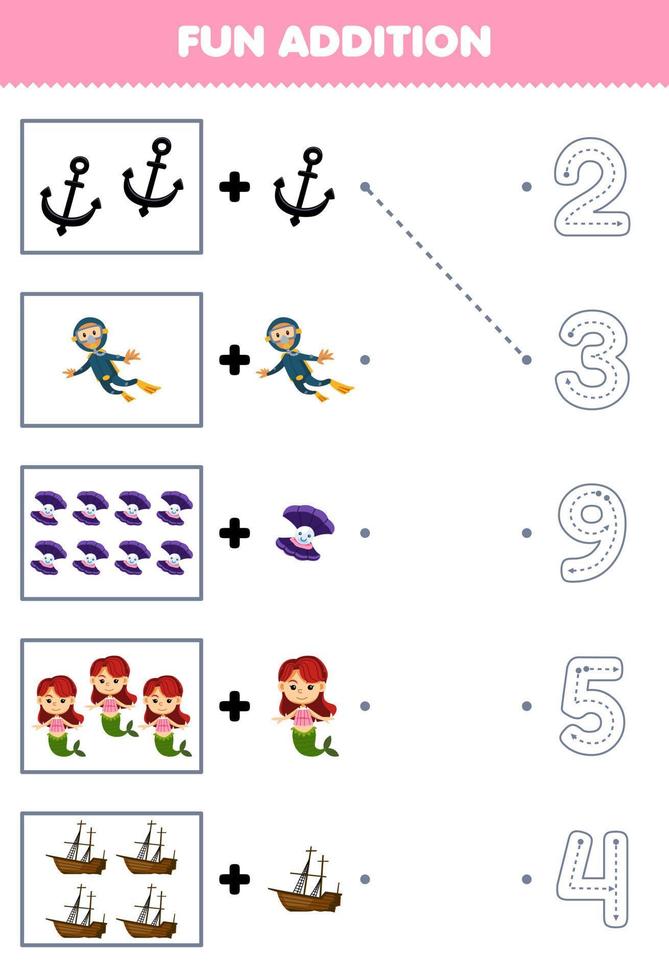 Education game for children fun counting and add one more cartoon anchor diver shell mermaid wrecked ship then choose the correct number underwater worksheet vector