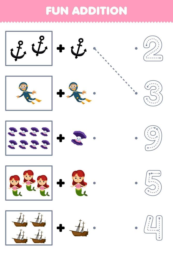 juego educativo para niños divertido contar y agregar una caricatura más ancla buzo concha sirena barco naufragado luego elija el número correcto hoja de trabajo bajo el agua vector