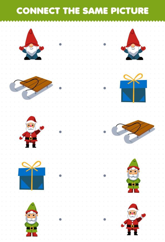 juego educativo para niños conectar la misma imagen de dibujos animados lindo gnomo trineo caja de regalo de santa hoja de trabajo de invierno imprimible vector