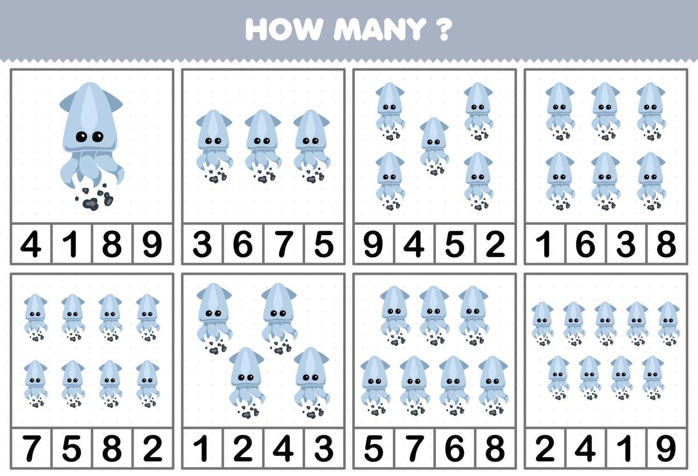 Education game for children counting how many objects in each table of cute cartoon squid printable underwater worksheet vector