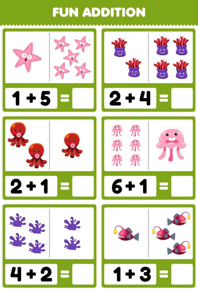 Education game for children fun addition by counting and sum of cute cartoon starfish anemone octopus jellyfish coral fish printable underwater worksheet vector