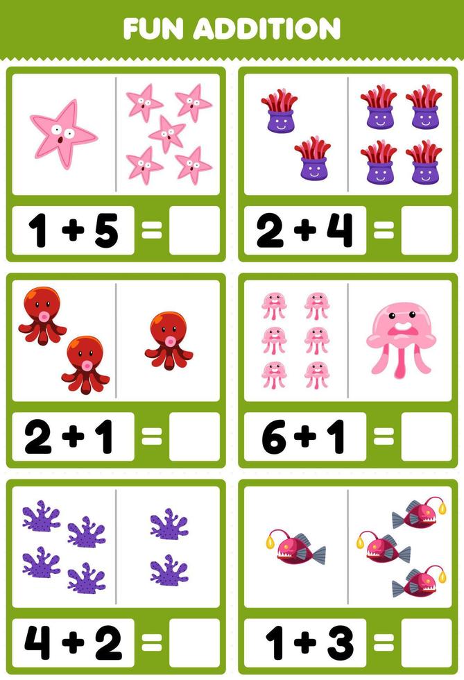 juego educativo para niños divertido además contando y sumando dibujos animados lindos estrellas de mar anémona pulpo medusas coral peces hoja de trabajo subacuática imprimible vector