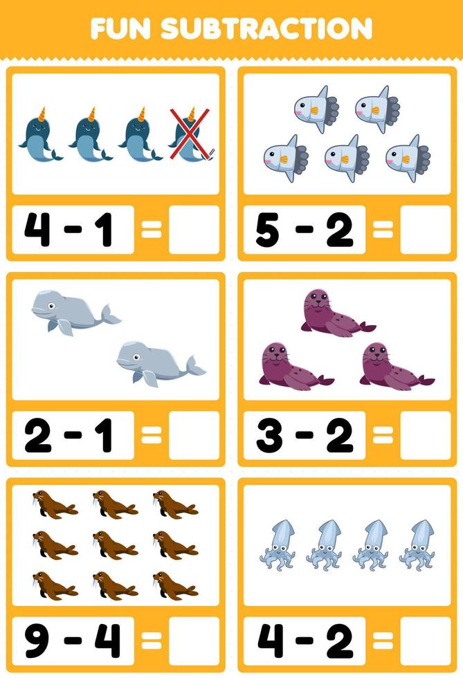 Education game for children fun subtraction by counting and eliminating cute cartoon narwhal sunfish beluga seal walrus squid printable underwater worksheet vector