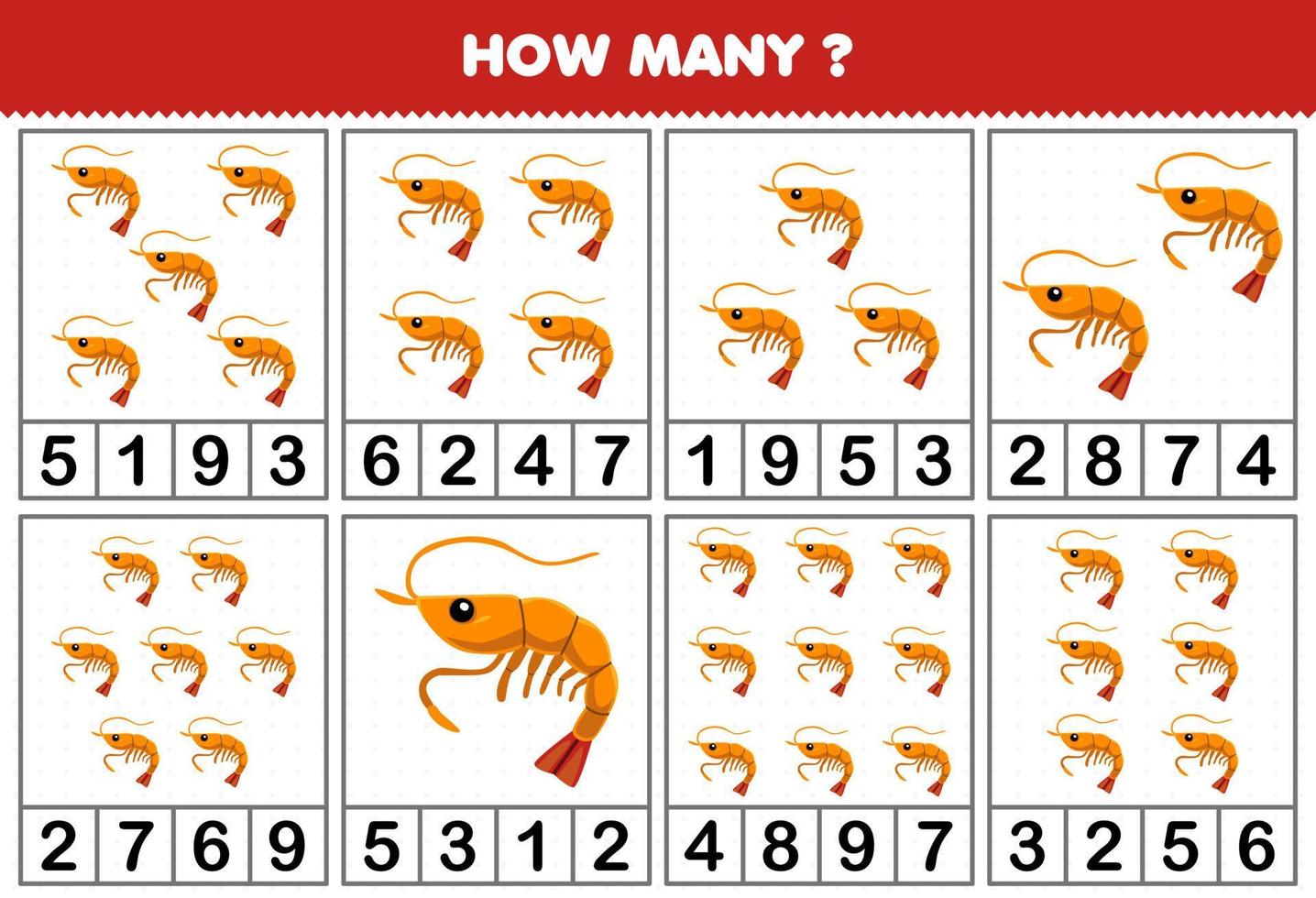 Education game for children counting how many objects in each table of cute cartoon shrimp printable underwater worksheet vector