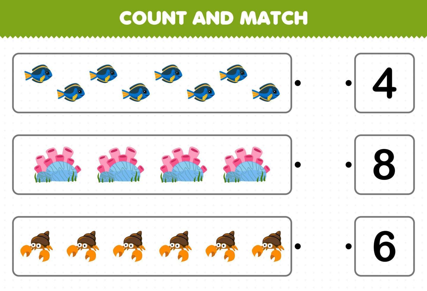 Education game for children count the number of cute cartoon fish coral hermit crab and match with the right numbers printable underwater worksheet vector
