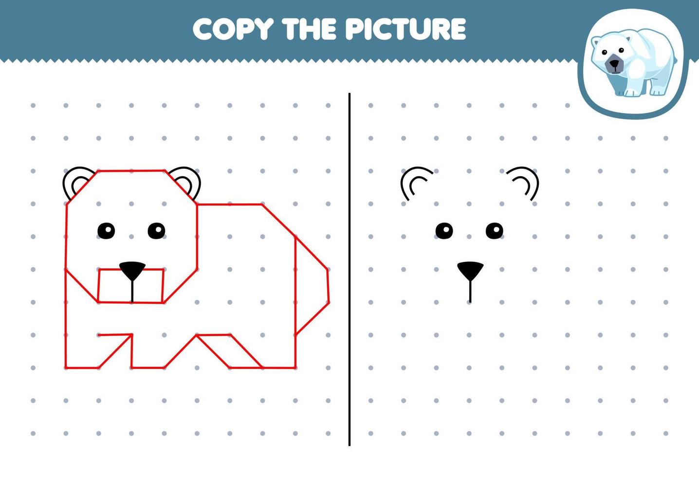 juego educativo para niños copiar imagen de oso polar de dibujos animados lindo conectando la hoja de trabajo de invierno imprimible de punto vector