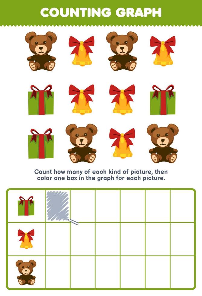 juego educativo para niños cuente cuántos lindos dibujos animados caja de regalo campana oso de peluche luego coloree el cuadro en el gráfico hoja de trabajo de invierno imprimible vector