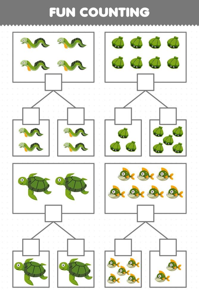 juego educativo para niños diversión contando imagen en cada caja de dibujos animados lindo concha de anguila tortuga piraña hoja de trabajo subacuática imprimible vector