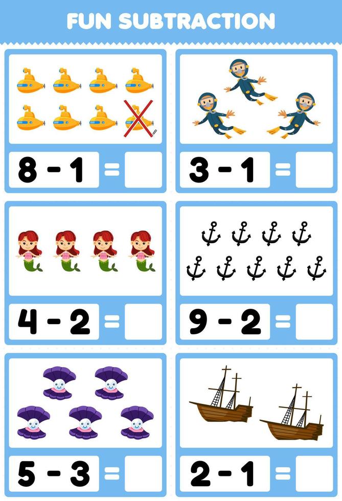Education game for children fun subtraction by counting and eliminating cute cartoon submarine diver mermaid anchor shell wrecked ship printable underwater worksheet vector