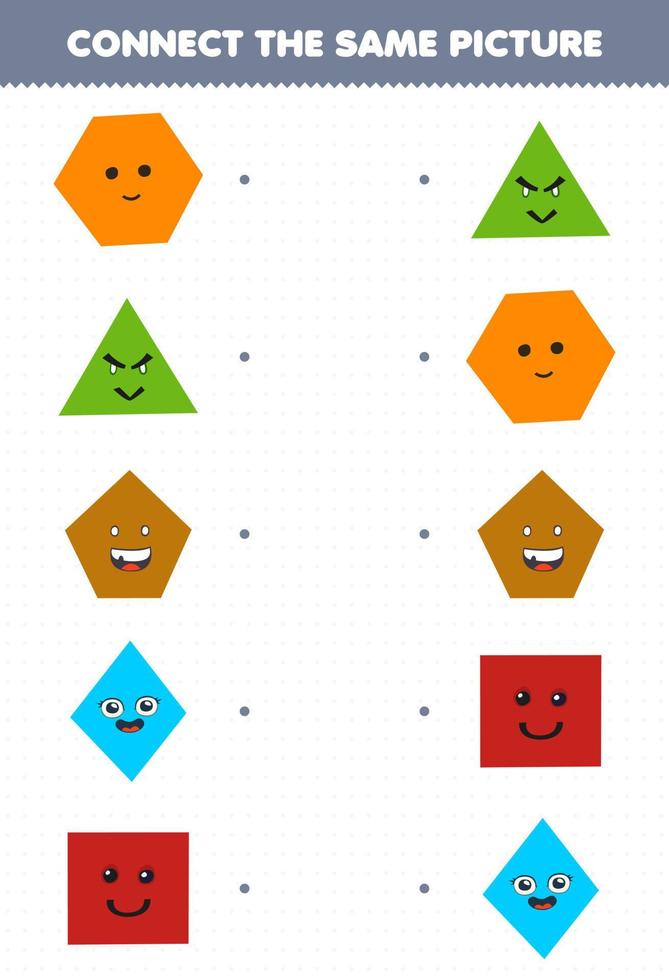 Education game for children connect the same picture of cute cartoon hexagon triangle pentagon rhombus square printable geometric shape worksheet vector