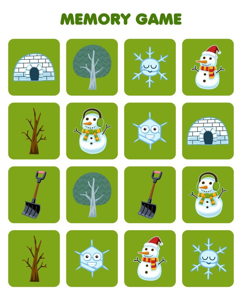 Education game for children memory to find similar pictures of cute cartoon igloo tree snowflake snowman shovel printable winter worksheet vector