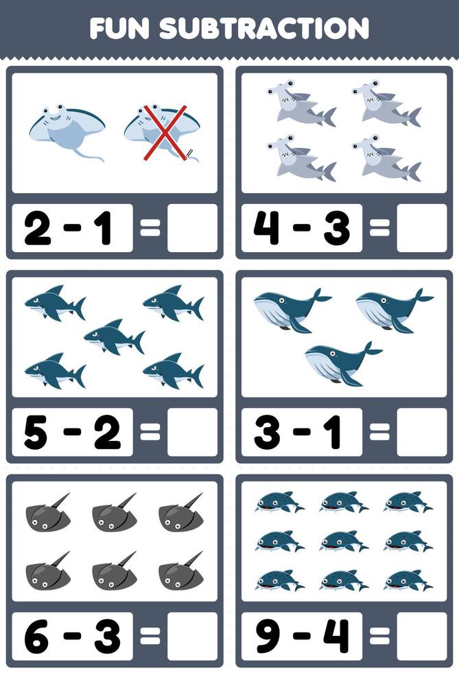 Education game for children fun subtraction by counting and eliminating cute cartoon manta hammer shark whale stingray printable underwater worksheet vector