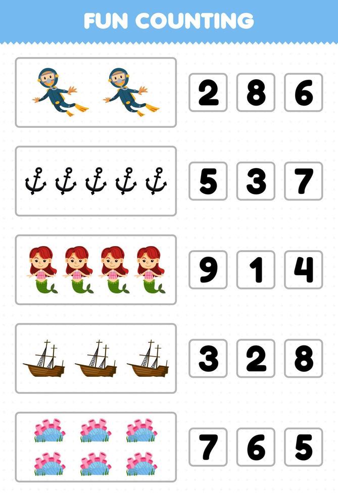 Education game for children fun counting and choosing the correct number of cute cartoon diver anchor mermaid wrecked ship coral printable underwater worksheet vector