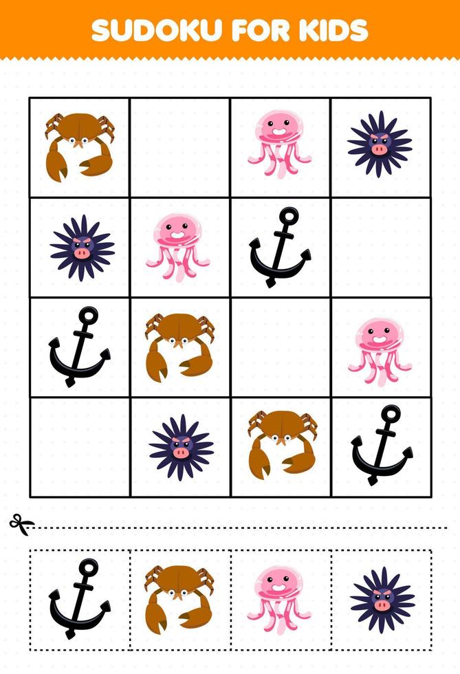 juego educativo para niños sudoku para niños con dibujos animados lindo cangrejo medusa erizo ancla imprimible hoja de trabajo bajo el agua vector