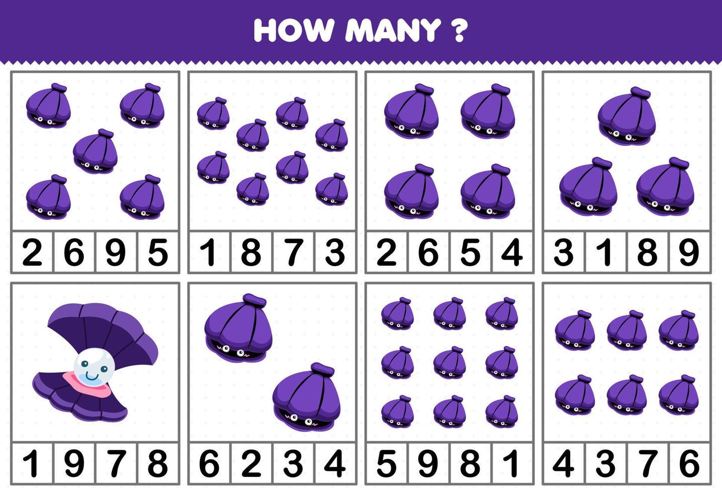 Education game for children counting how many objects in each table of cute cartoon shell printable underwater worksheet vector
