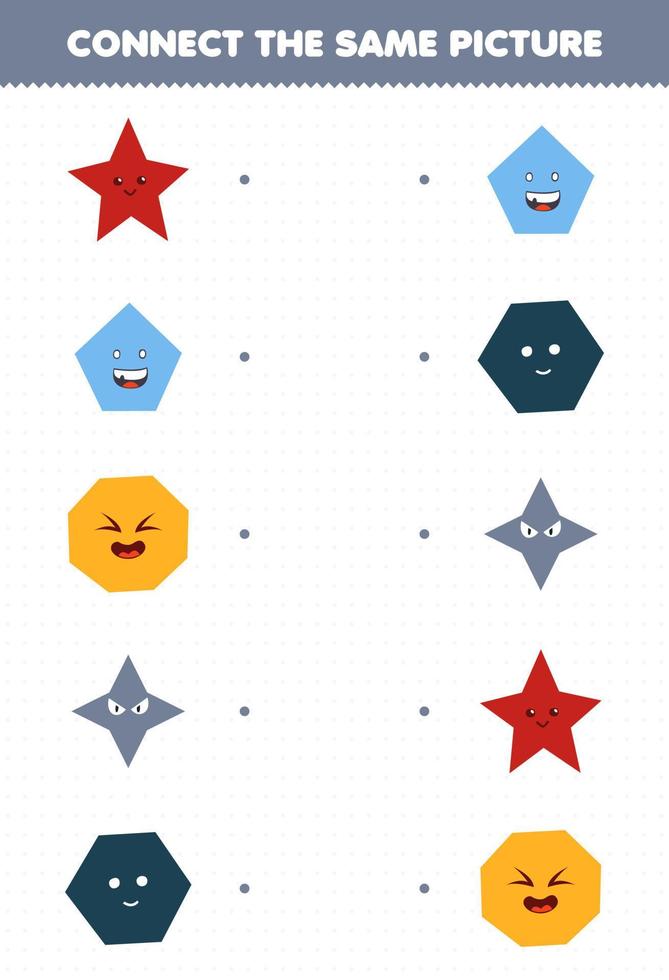 Education game for children connect the same picture of cute cartoon star pentagon octagon hexagon printable geometric shape worksheet vector