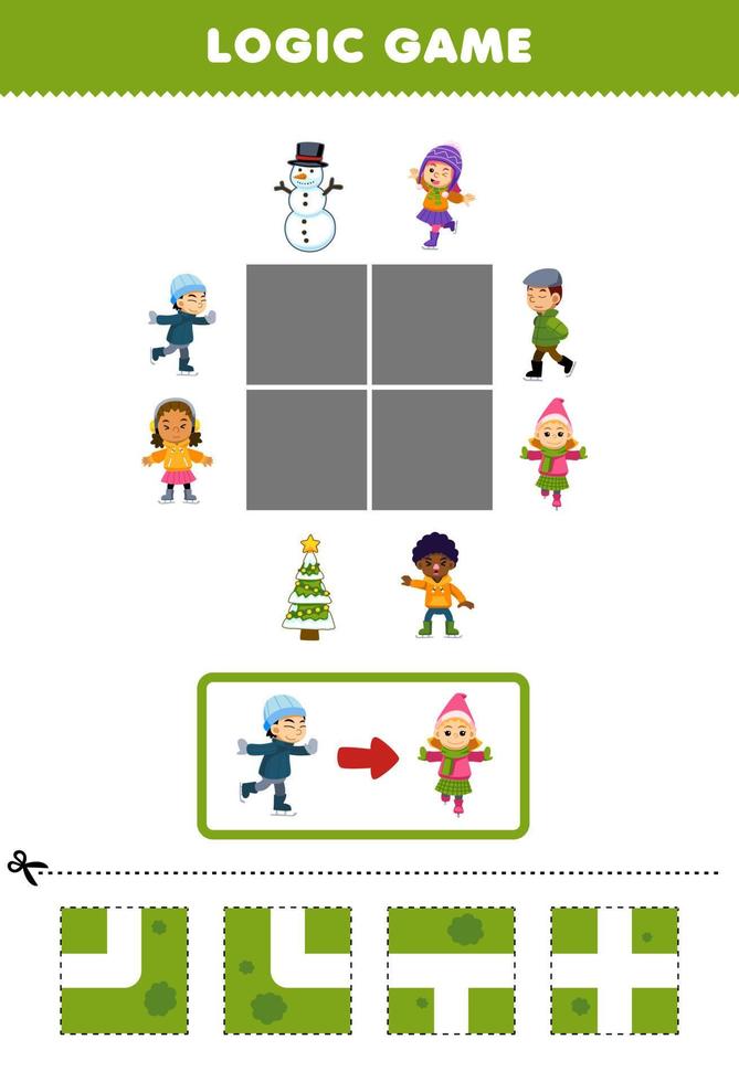 Education game for children logic puzzle build the road for boy move to girl playing ice skating printable winter worksheet vector