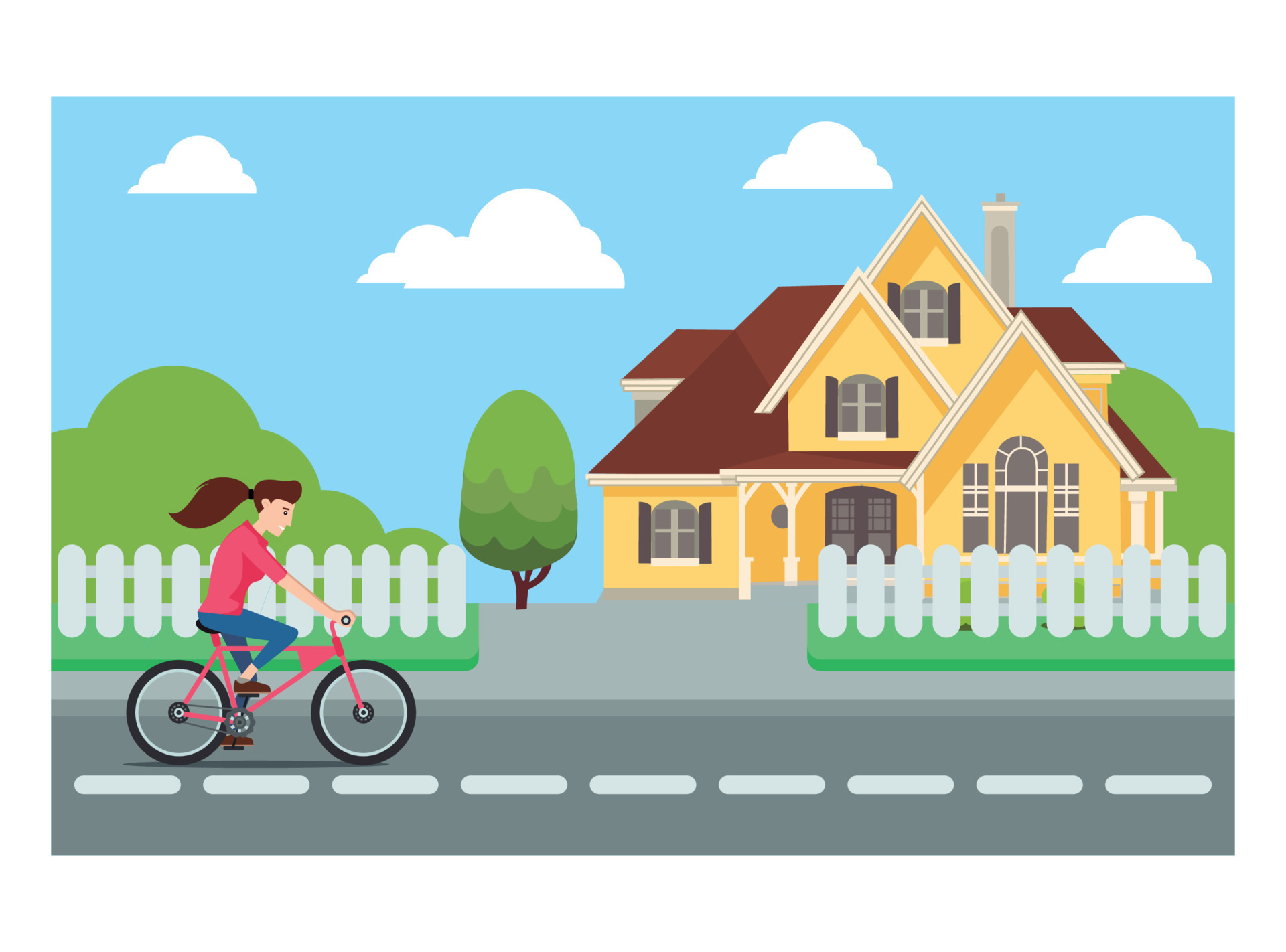 Flat illustration of biking walking through houses with friends and