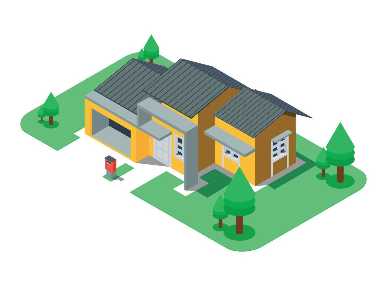 Isometric vector illustration of suburban buildings with private townhouses for two families isolated on white background