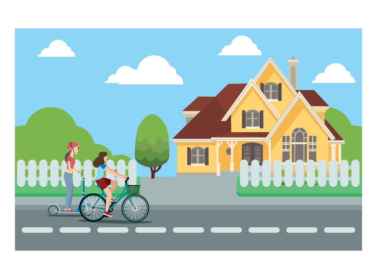 ilustración plana de andar en bicicleta caminando por casas con amigos y familiares. ilustración vectorial adecuada para diagramas, infografías y otros activos gráficos vector