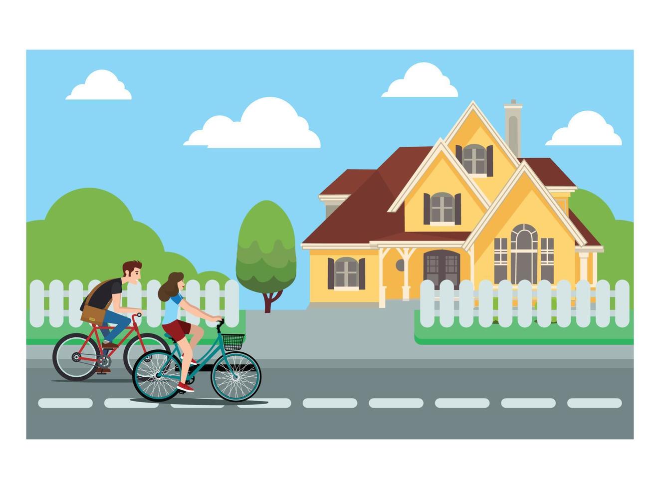 Flat illustration of biking walking through houses with friends and family.  Vector Illustration Suitable for Diagrams, Infographics, And Other Graphic assets