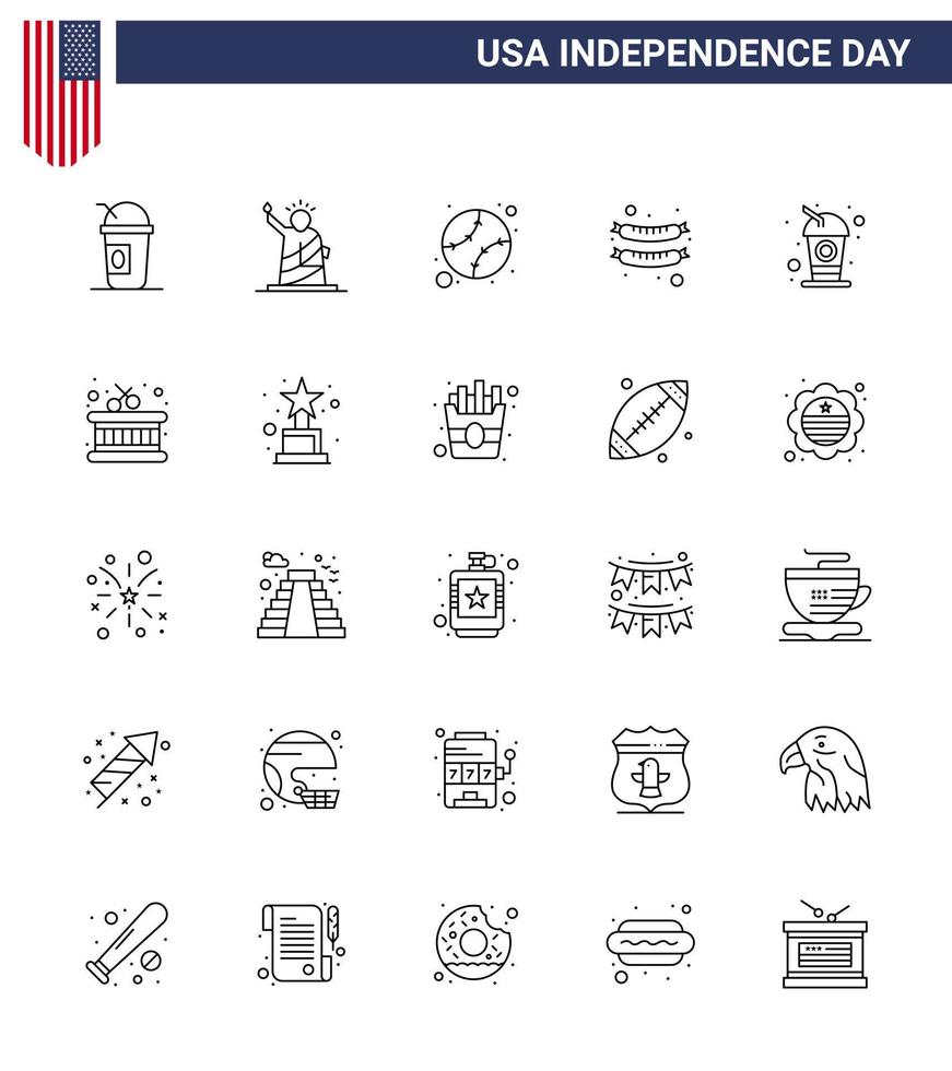 25 Line Signs for USA Independence Day cola sausage usa frankfurter united Editable USA Day Vector Design Elements