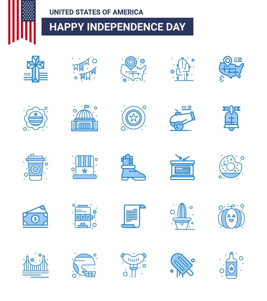 Happy Independence Day Pack of 25 Blues Signs and Symbols for location plant map flower location pin Editable USA Day Vector Design Elements