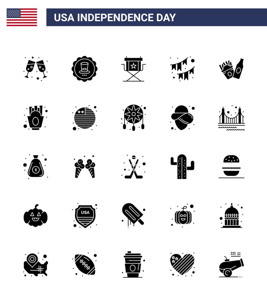 Happy Independence Day 4th July Set of 25 Solid Glyph American Pictograph of bottle party director decoration american Editable USA Day Vector Design Elements