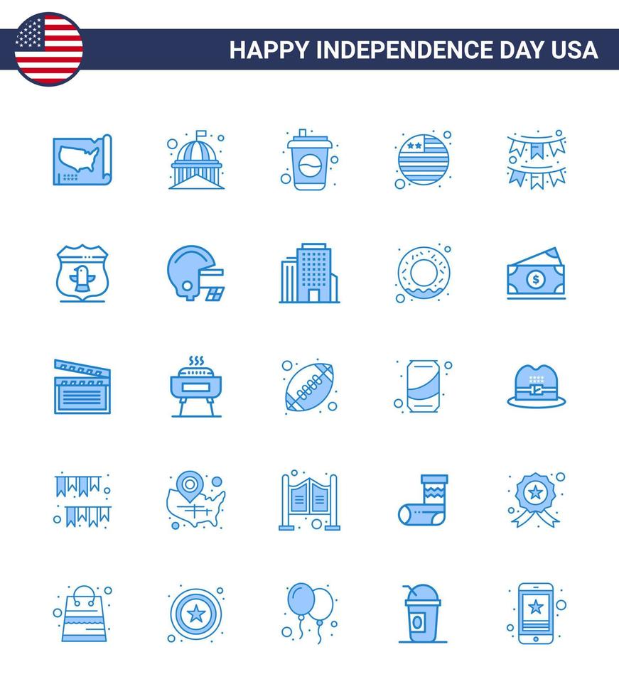 Pack of 25 USA Independence Day Celebration Blues Signs and 4th July Symbols such as buntings international flag white flag soda Editable USA Day Vector Design Elements