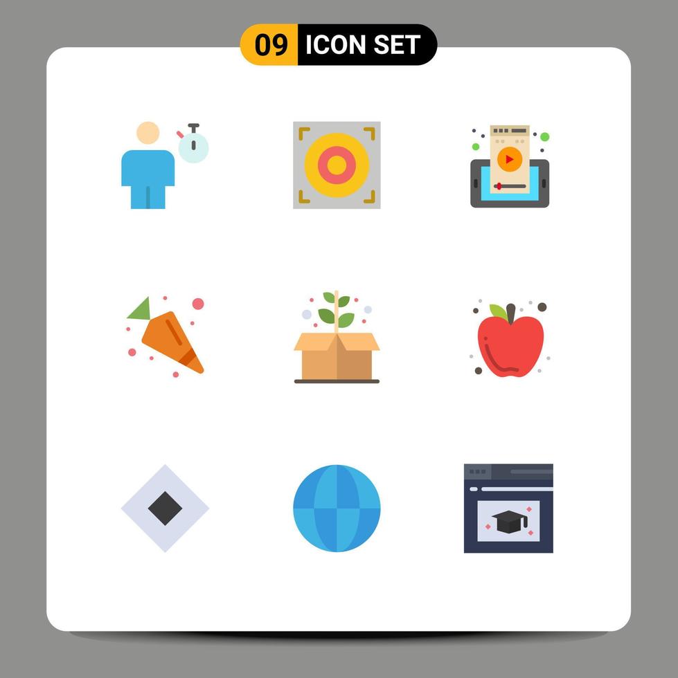 paquete de 9 signos y símbolos modernos de colores planos para medios de impresión web, como elementos de diseño de vectores editables de zanahoria vegetal de la página web del día de la tierra