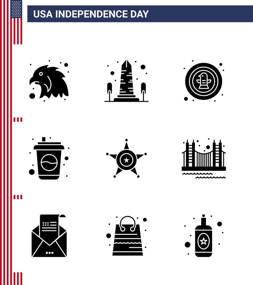 Happy Independence Day Pack of 9 Solid Glyphs Signs and Symbols for men drink american cola badge Editable USA Day Vector Design Elements