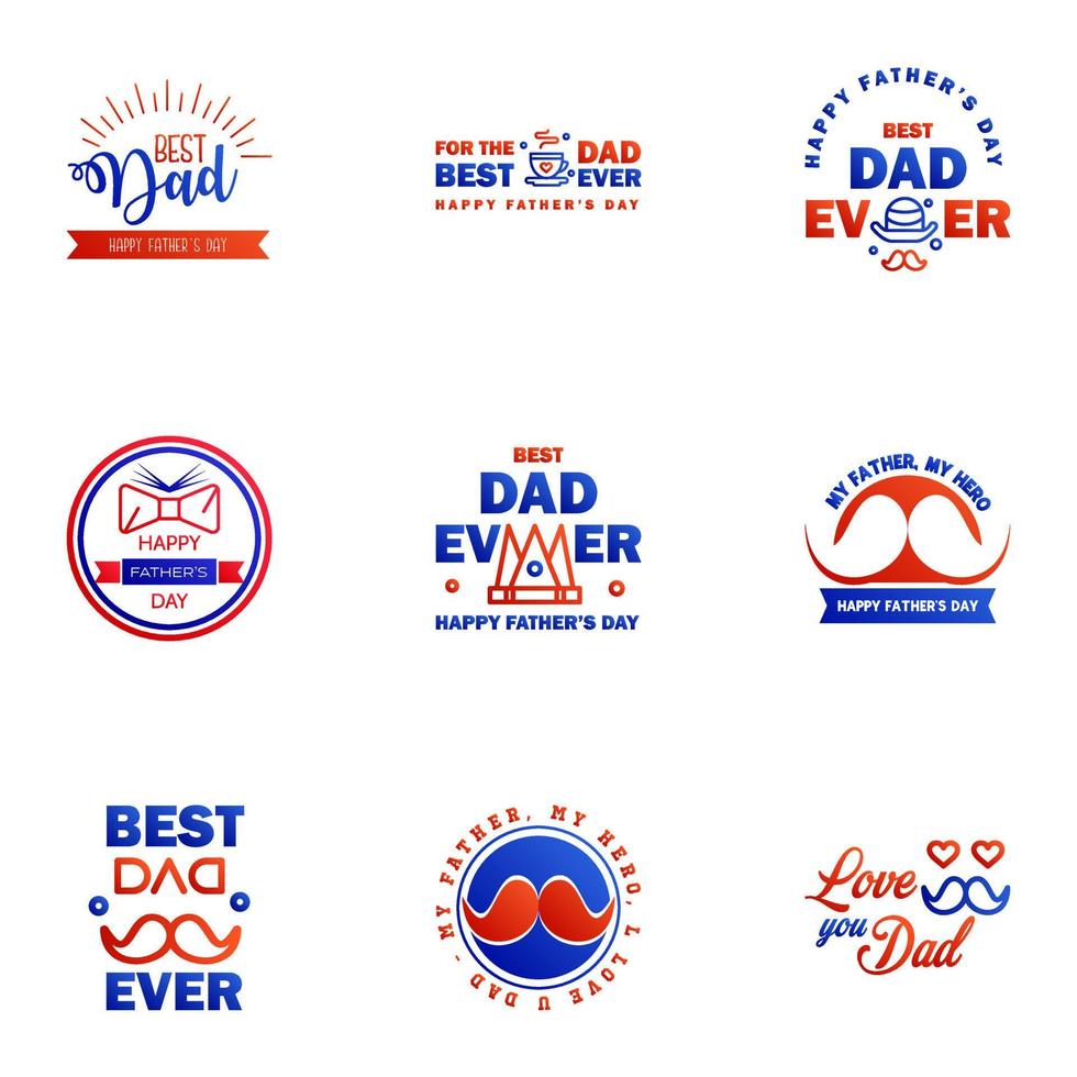 9 Blue and red Set of Vector Happy fathers day Typography Vintage Icons Lettering for greeting cards banners tshirt design Fathers Day Editable Vector Design Elements