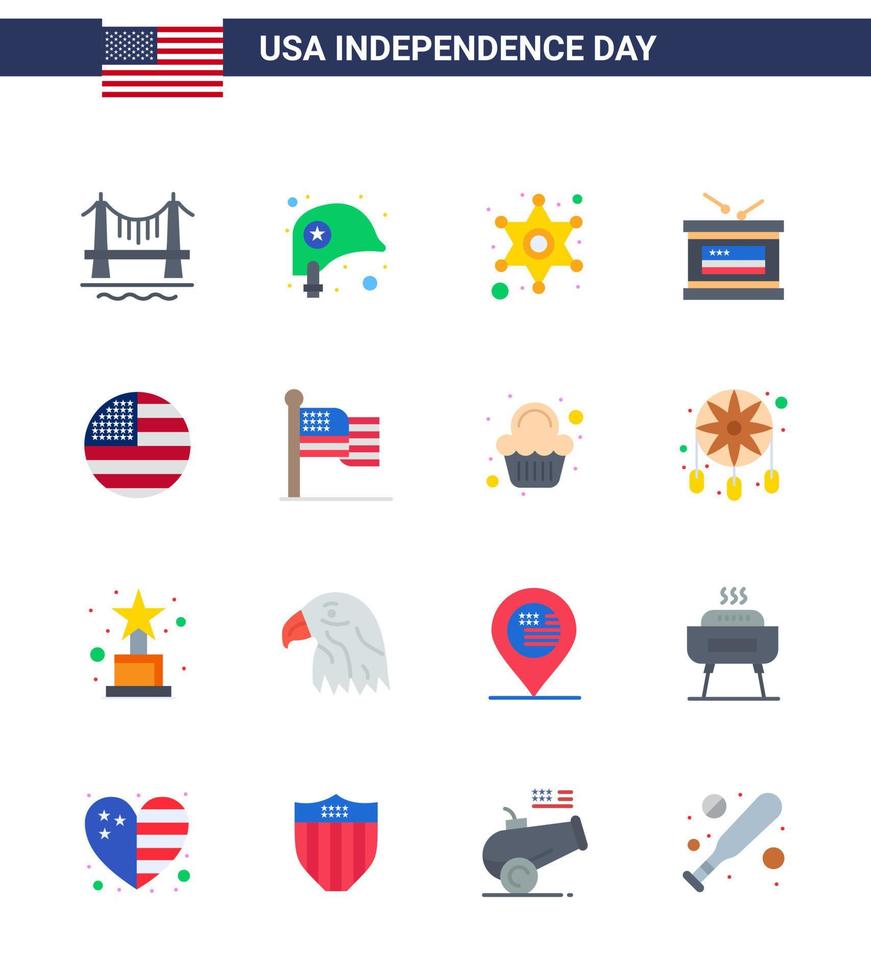 feliz día de la independencia 4 de julio conjunto de 16 pisos pictograma americano de la bandera día de la independencia hombres independece tambor elementos de diseño vectorial del día de estados unidos editables vector