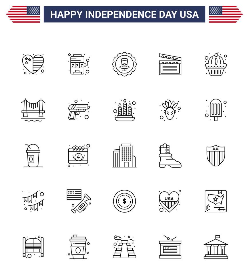 25 Line Signs for USA Independence Day muffin usa glass video american Editable USA Day Vector Design Elements